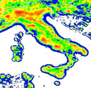 Mappa dei livelli di inquinamento luminoso in Italia.