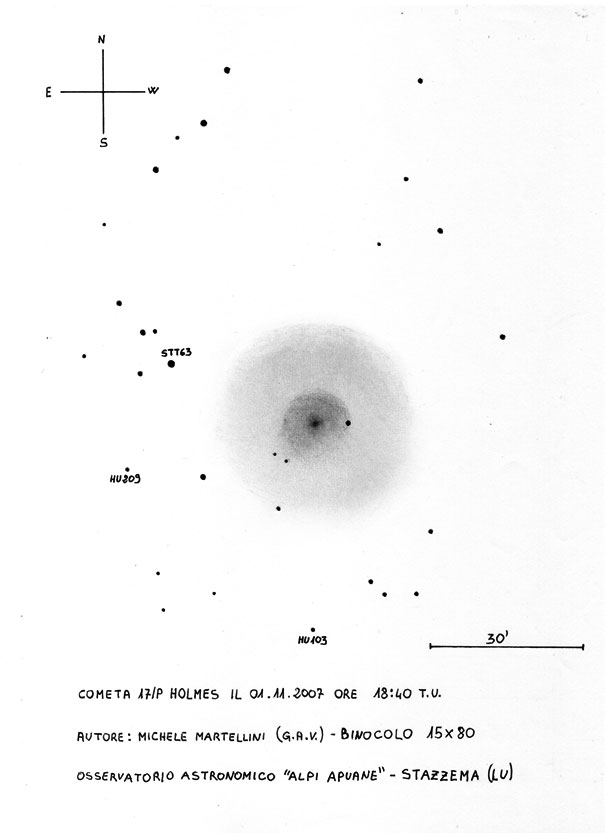Disegno della cometa P17 Holmes del 1-11-07