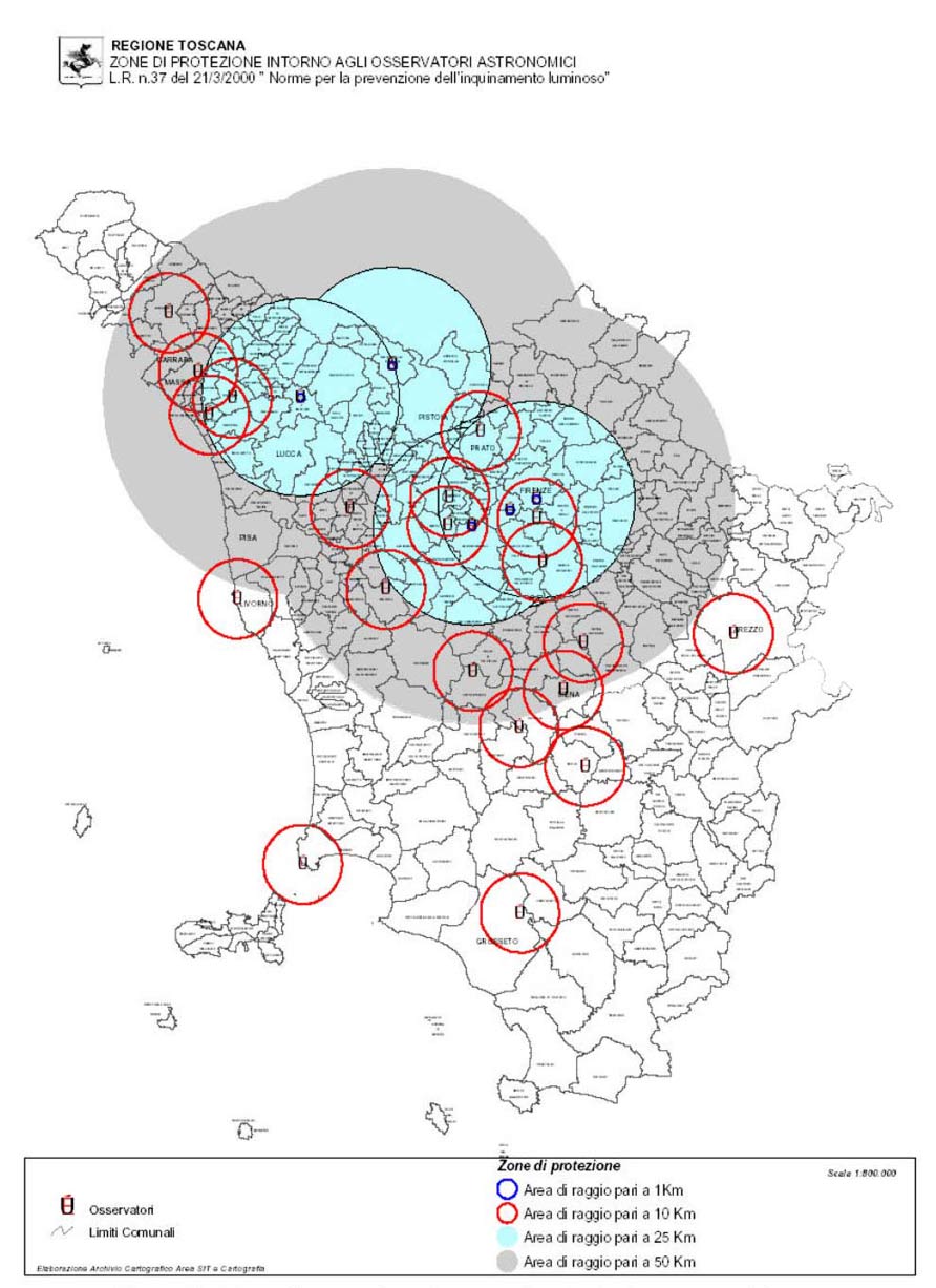 Zone di protezione della Legge Regionale Toscana sull'inquinamento luminoso
